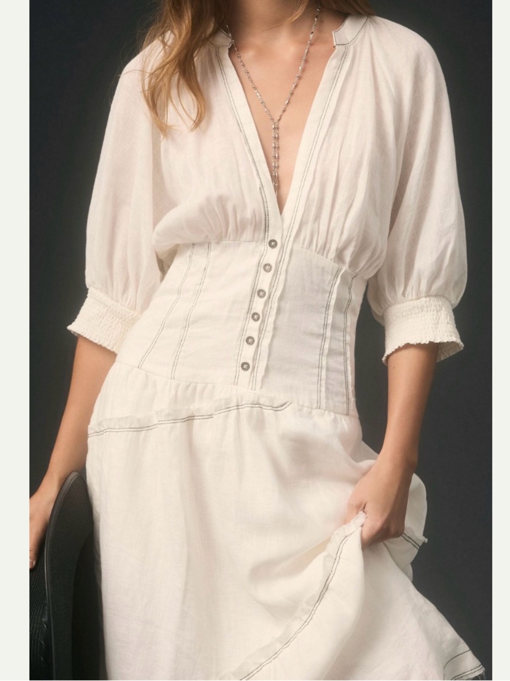 Anthropologie V-Neck Corset Midi Shirt Dress in Off White Medium - Picture 2 of 14
